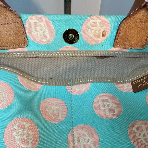 Dooney & Bourke Turquoise Peach Logo Polkadots Brown Leather Accents - Picture 16 of 16